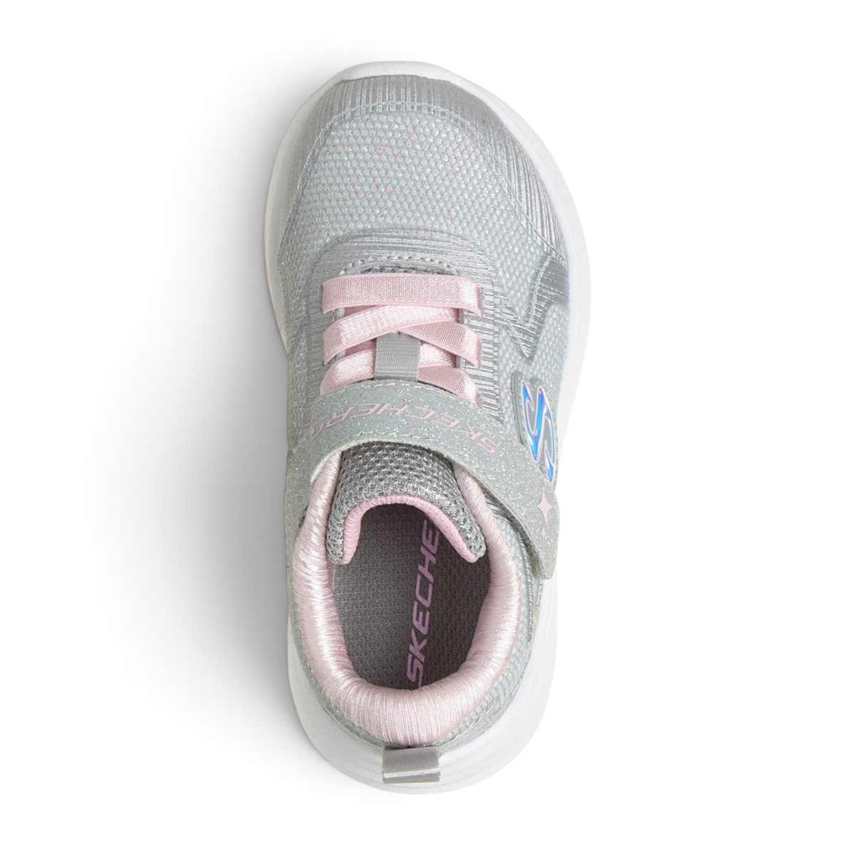 FRG Skechers Wave 92 kids sneaker in light gray with pink accents, breathable mesh, and hook-and-loop strap closure.