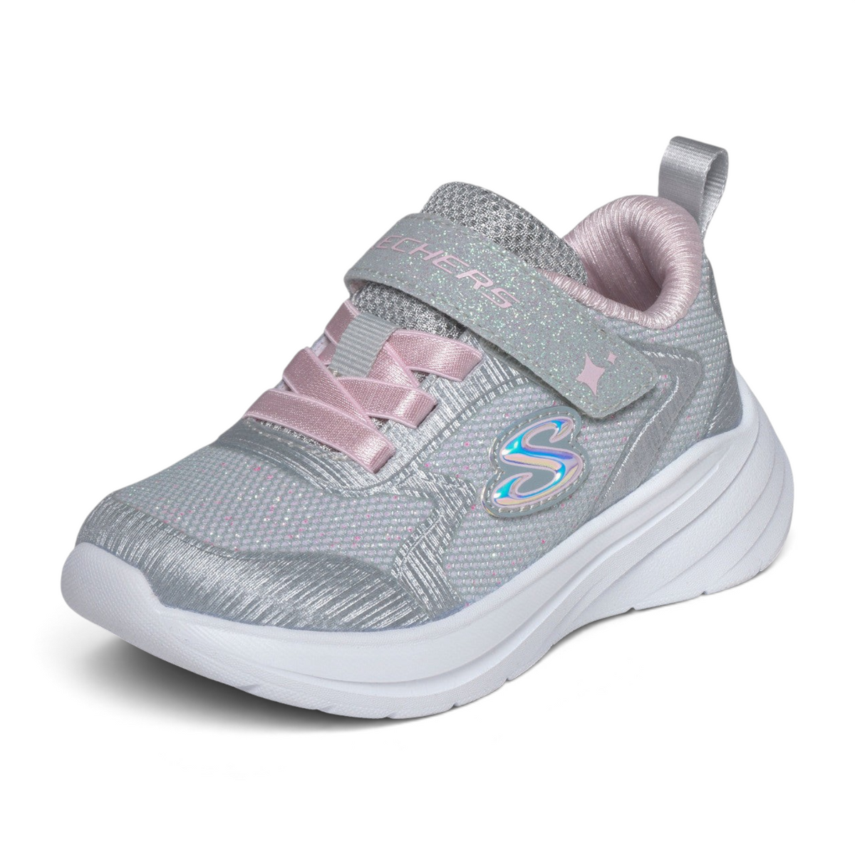FRG Skechers Wave 92 kids sneaker in light gray with pink accents, glitter details, and a hook-and-loop strap.