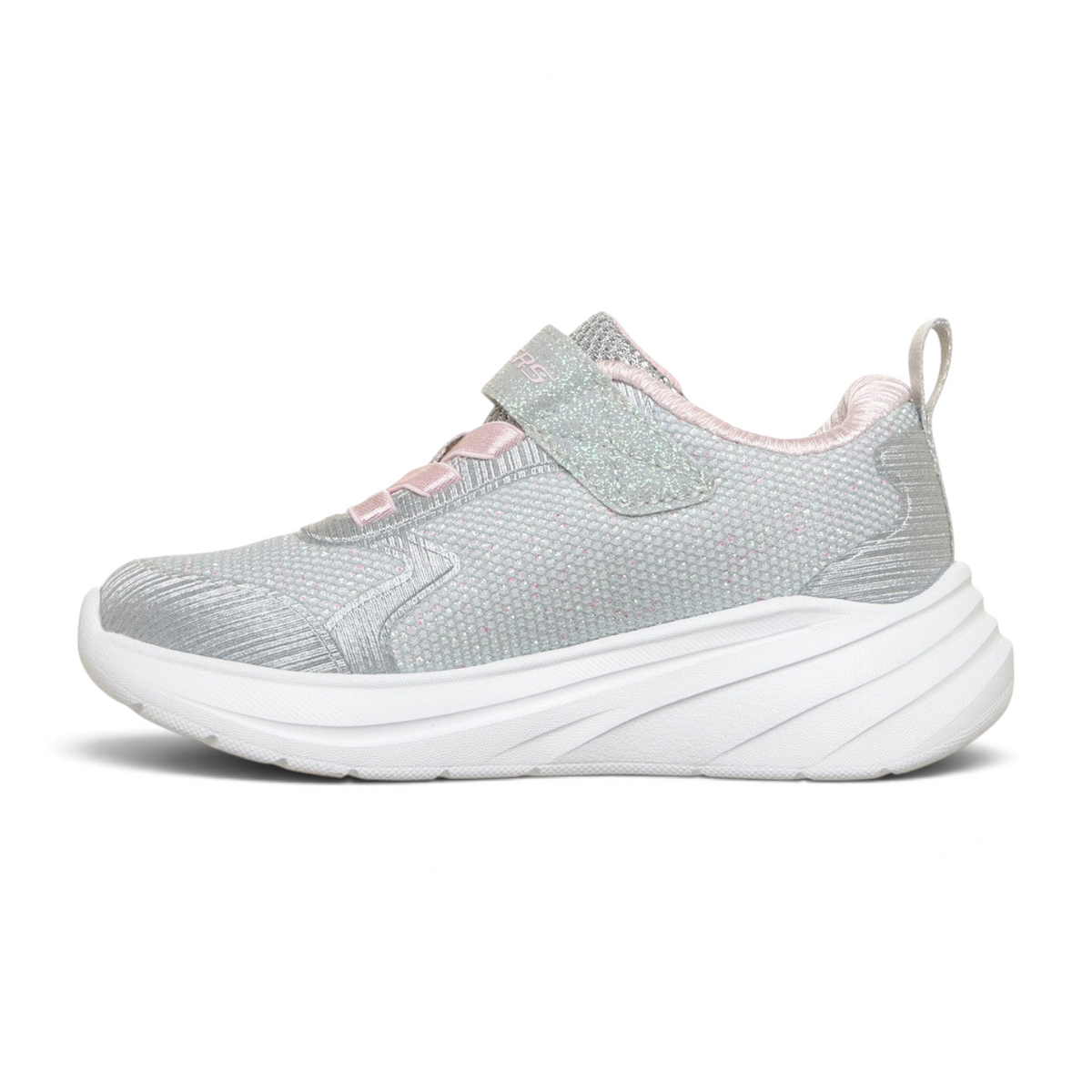 FRG Skechers Wave 92 kids sneaker in light gray with glitter accents, pink laces, and a thick white cushioned sole.