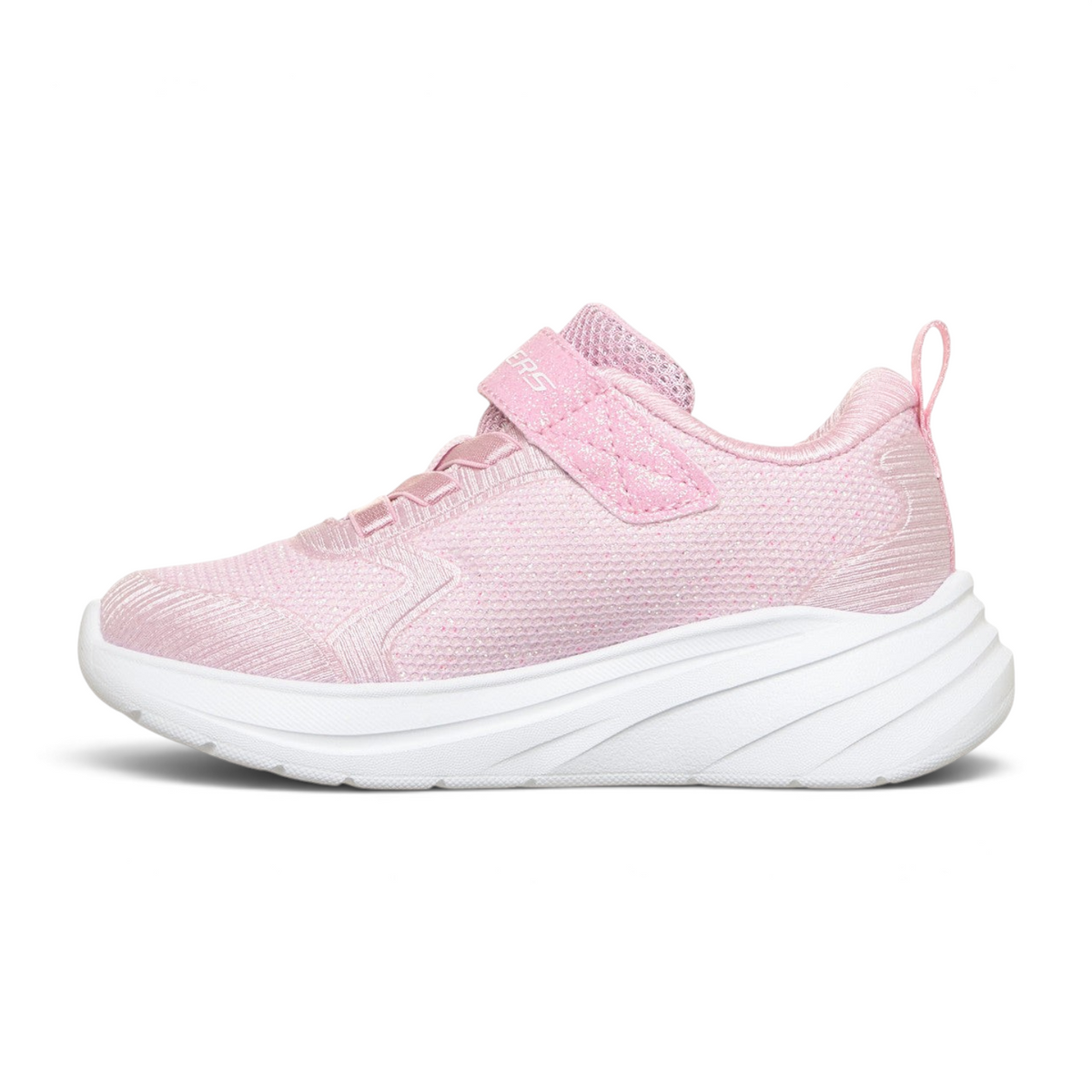 FRG Skechers Wave 92 light pink sporty slip-on sneaker with sparkle mesh upper and adaptive hook-and-loop closure
