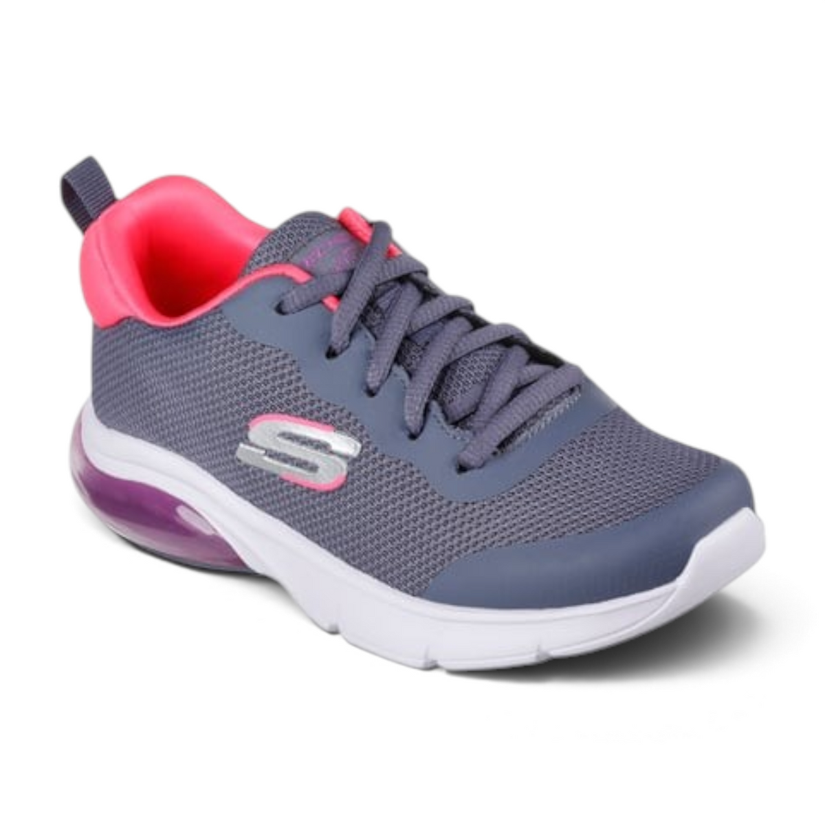FRG SKECH-AIR AIRMATIC grey and hot pink athletic sneaker with mesh upper and visible air-cushioned heel