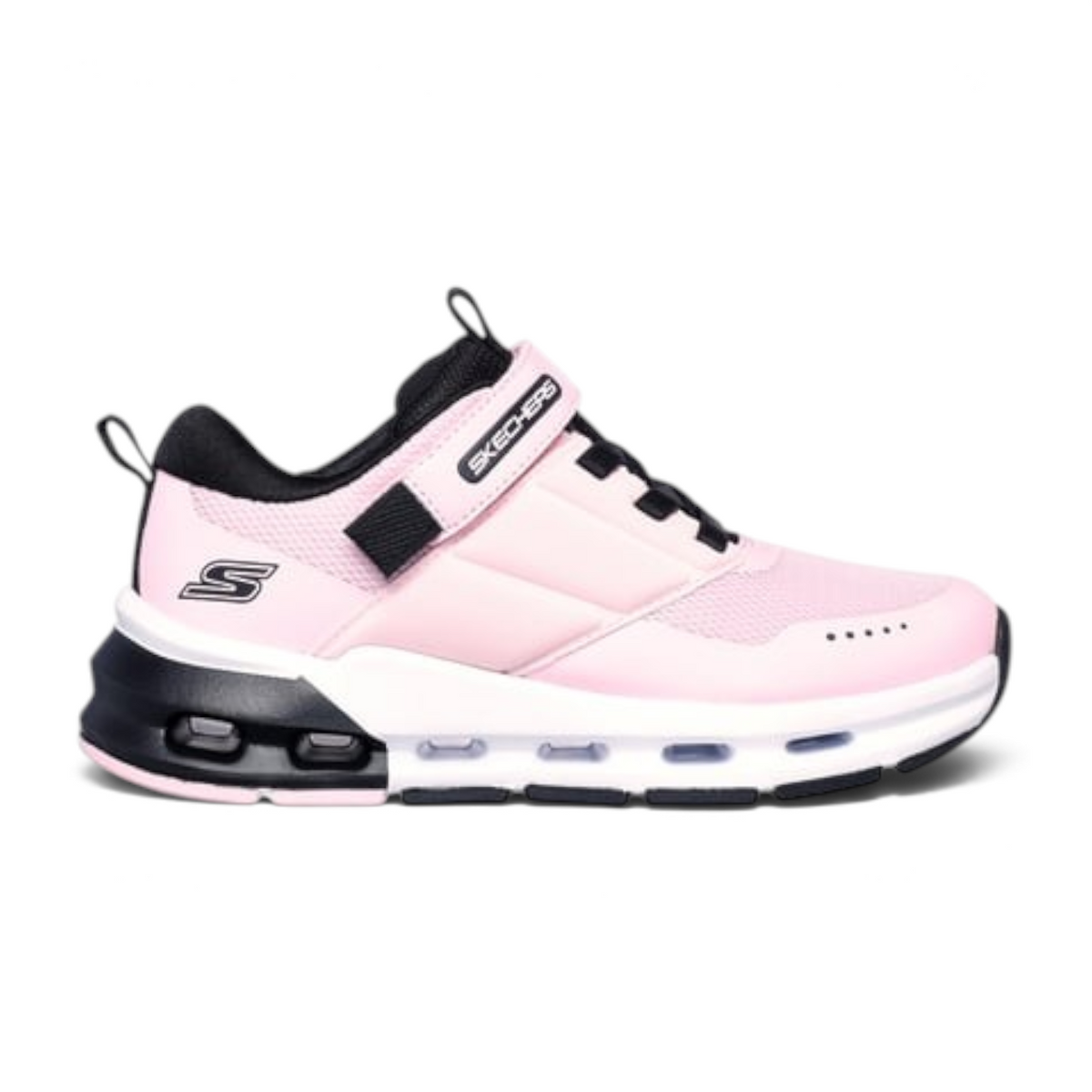 FRG Skechers GLIDE-STEP + PEAK 92 kids sneaker in light pink and black with a hook-and-loop strap and cushioned sole.