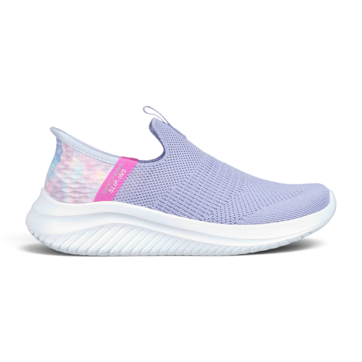 FRG Skechers Slip-ins Ultra Flex 3.0 Colory Wild lavender knit sneaker with colorful heel and white cushioned sole