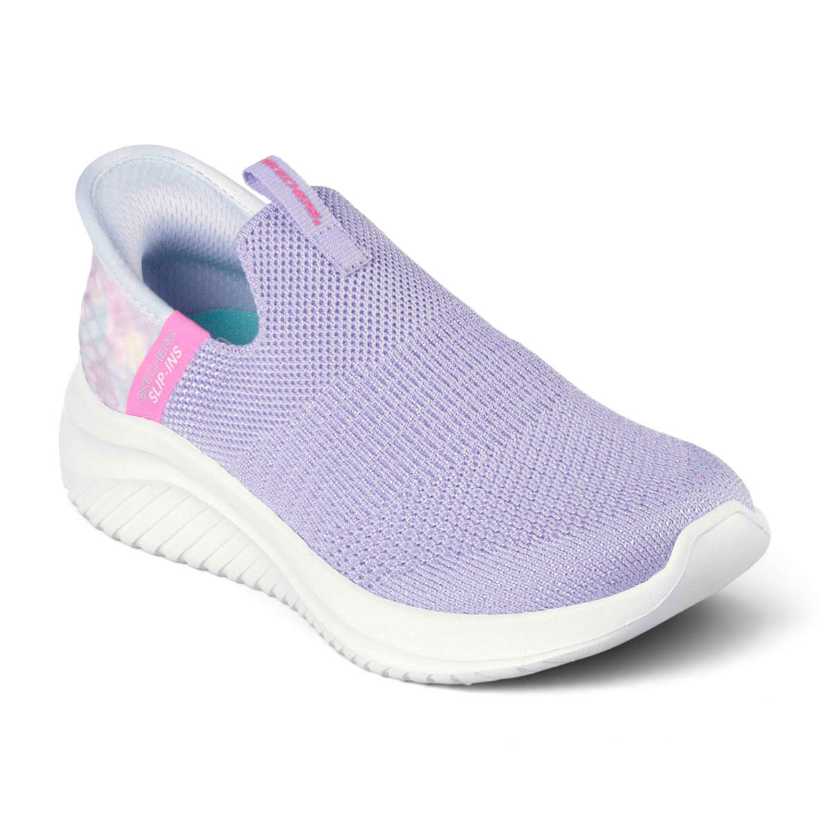 FRG Skechers Slip-ins Ultra Flex 3.0 lavender knit sneaker with white cushioned sole and colorful heel detail