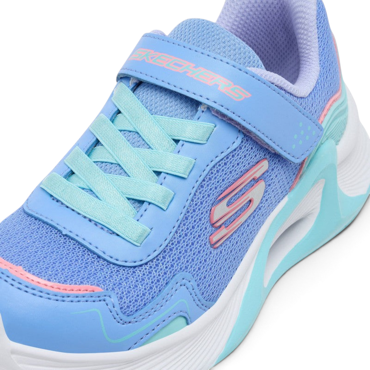 FRG Skechers Tide Tech sneaker in blue and mint with mesh upper, strap closure, and molded heel counter.