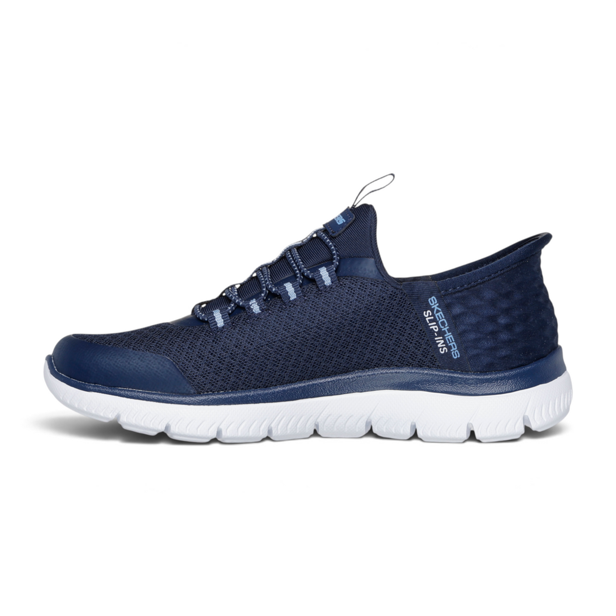 FRG SLIP-INS: SUMMITS navy blue mesh slip-on sneakers with white cushioned soles and elastic laces
