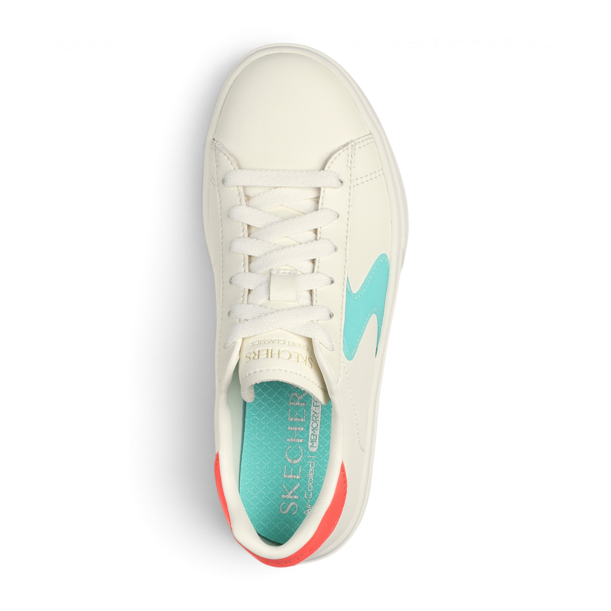FRG EDEN LX white leather sneaker with teal side logo and coral heel detail, top-down view