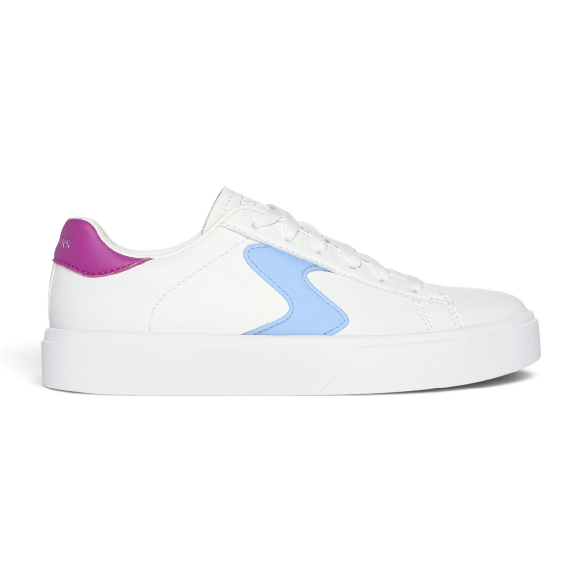 FRG EDEN LX white leather sneakers featuring a light blue side accent and a magenta heel tab on a platform sole