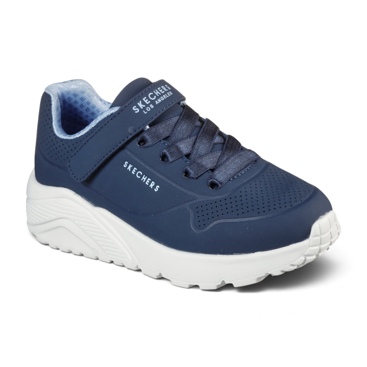 FRG Skechers UNO LITE navy blue sneaker with a hook-and-loop strap, perforated toe box, and white chunky sole.