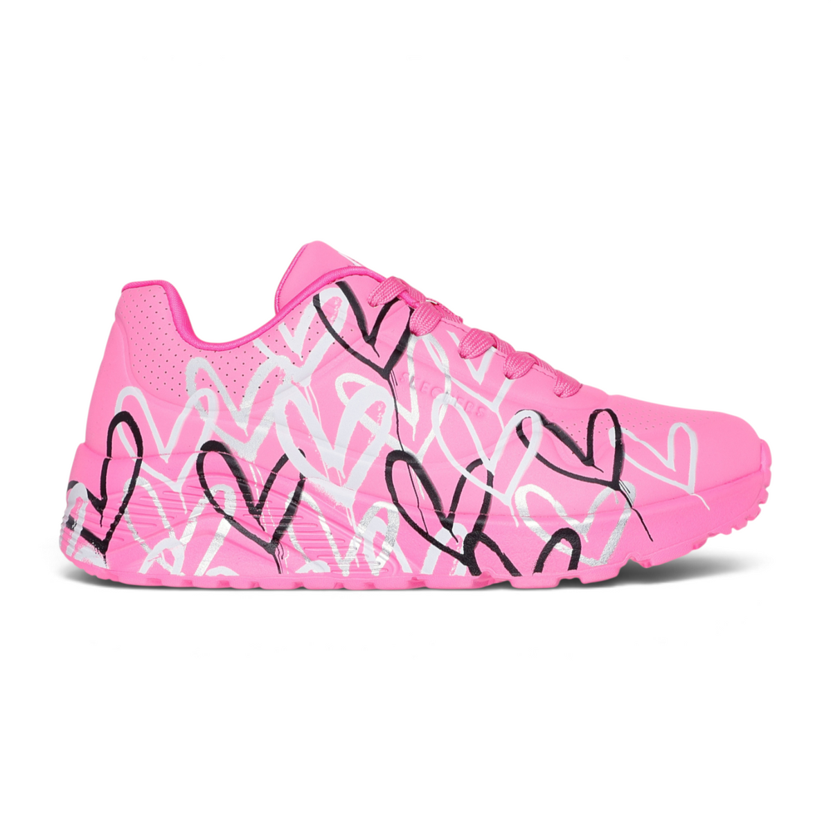 FRG Skechers Street Tres-Air Uno Vision-Airy sneaker in bright pink with white and black heart print design