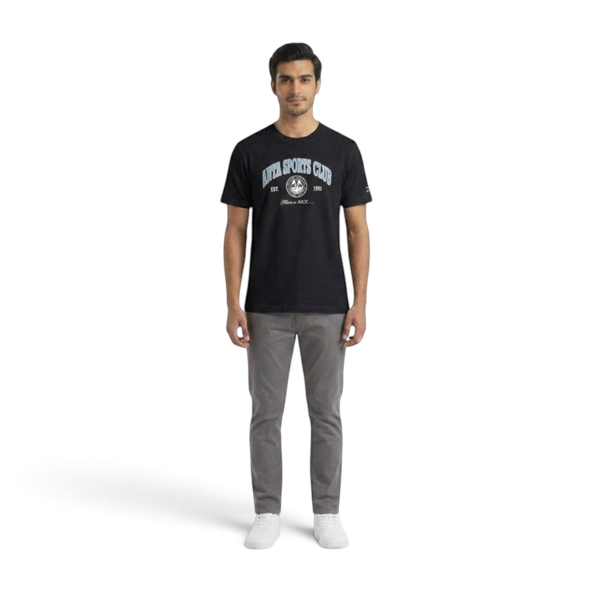 FRG ANTA black retro sports crew neck t-shirt with graphic print worn by a man with grey trousers and white sneakers