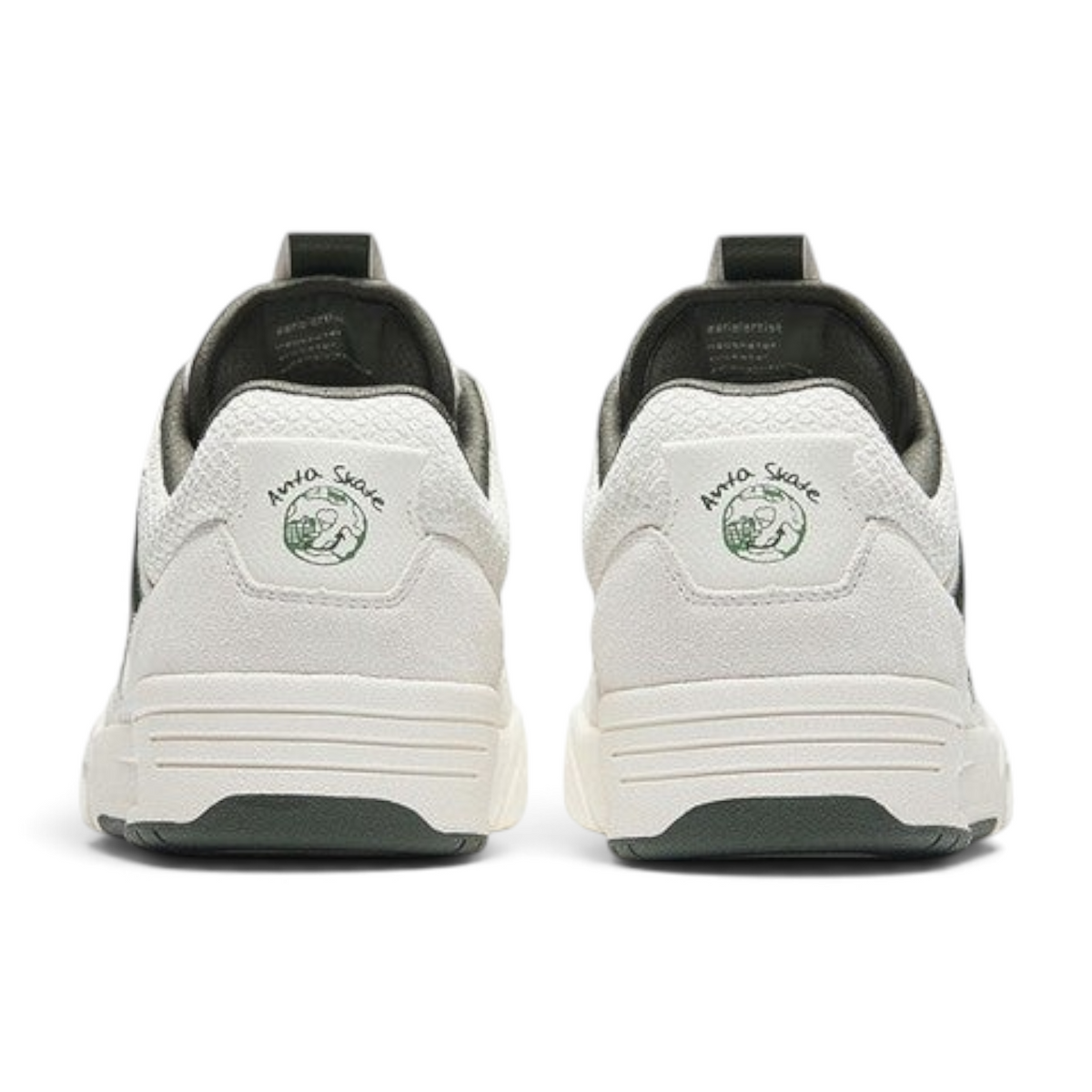 FRG ANTA X-GAME AOJIE skate shoes in beige and green suede and mesh, showing the rear heel view with logo detail.