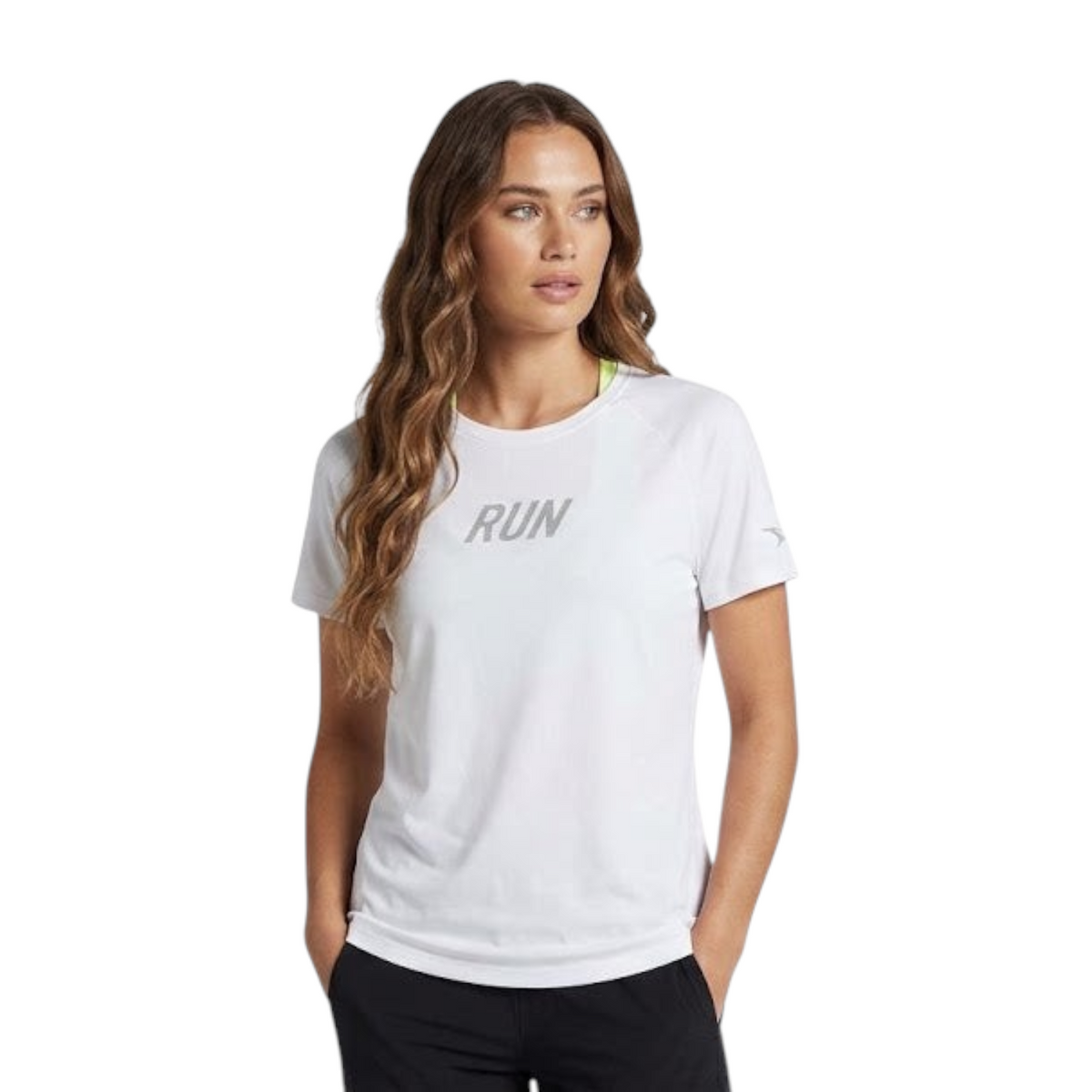 FRG ANTA A-Chill Touch white short sleeve running t-shirt with RUN graphic on chest worn by a female model