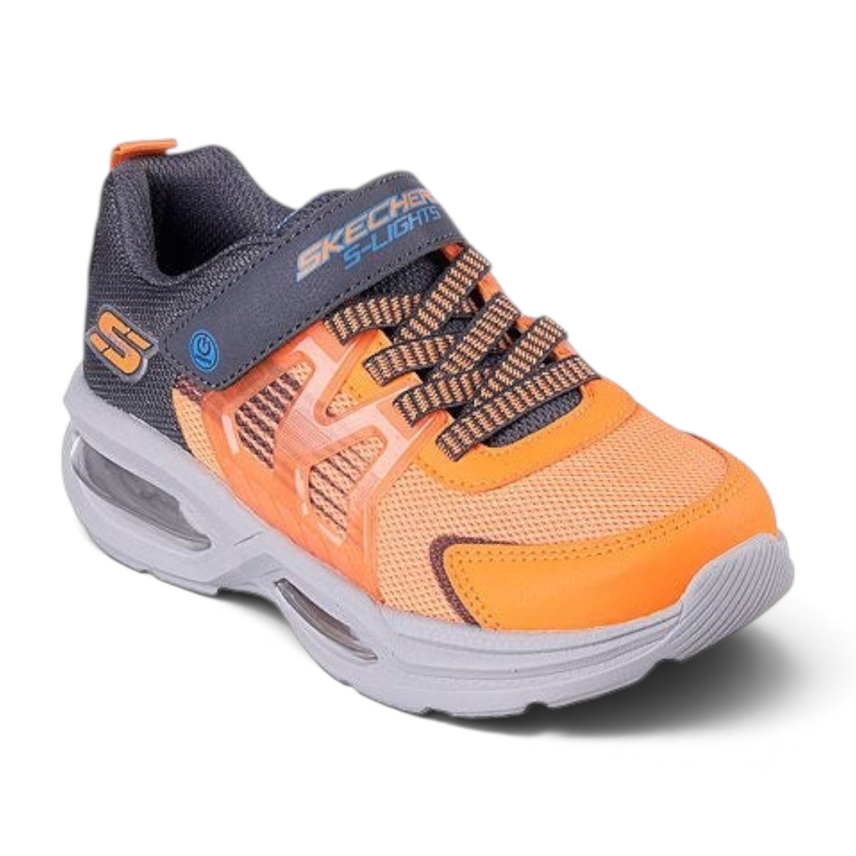 FRG Skechers S LIGHTS: PRISMATRONS kids sneakers in orange and grey with mesh upper and light-up sole feature.