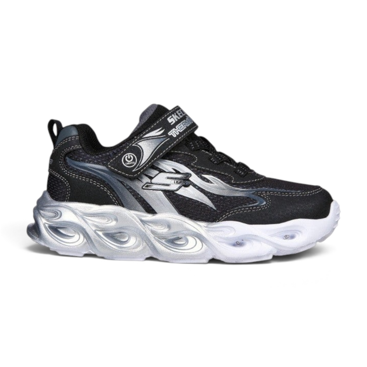 FRG Skechers Thermo Flash kids' sneaker in black and silver with flame details, strap closure, and light-up sole.