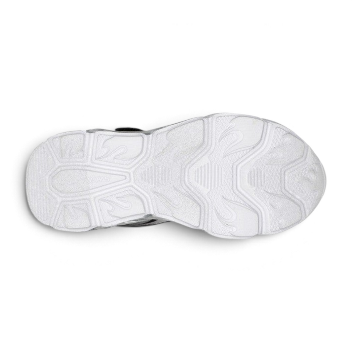 FRG Skechers Thermo Flash kids' sneaker showing the white textured rubber outsole with flame-patterned tread