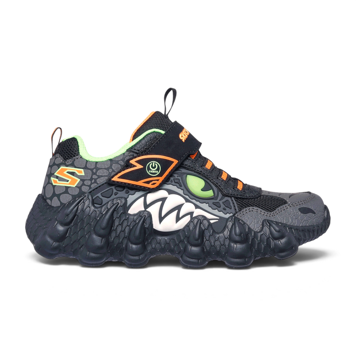 FRG Skech-O-Saurus Lights Rapid Dino sneaker in black and grey with dinosaur-themed details and green eye accent