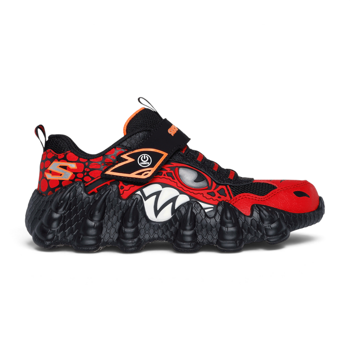 FRG SKECH-O-SAURUS LIGHTS Rapid Dino sneaker in red and black with a dinosaur-themed textured sole and light-up strap