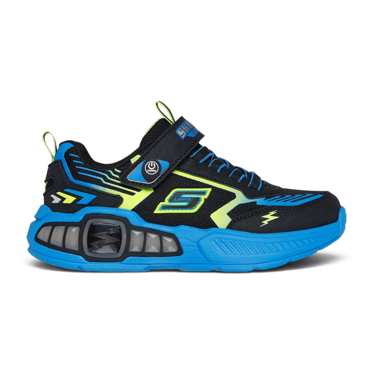 FRG S-LIGHTS: LIGHT STORM 3.0 kids sneakers in black and blue with neon yellow accents and light-up sole detail.