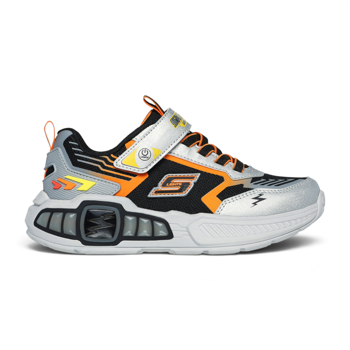 FRG LIGHT STORM 3 kids sneaker in black, silver, and orange with a light-up sole and hook-and-loop strap closure.