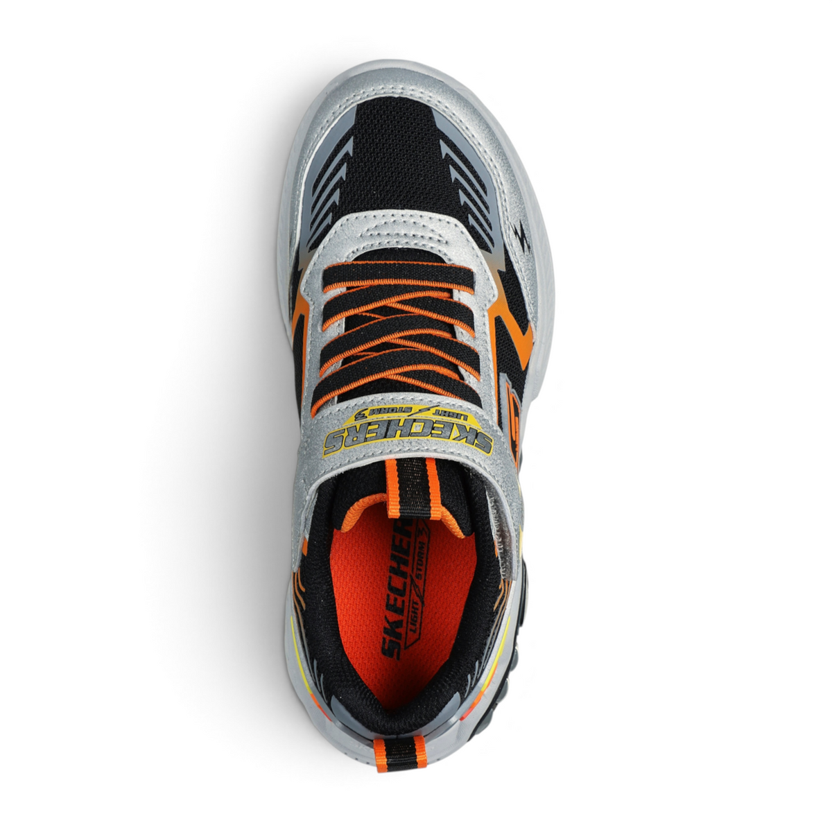 FRG LIGHT STORM 3 kids sneaker in black, silver, and orange with a hook-and-loop strap and mesh upper