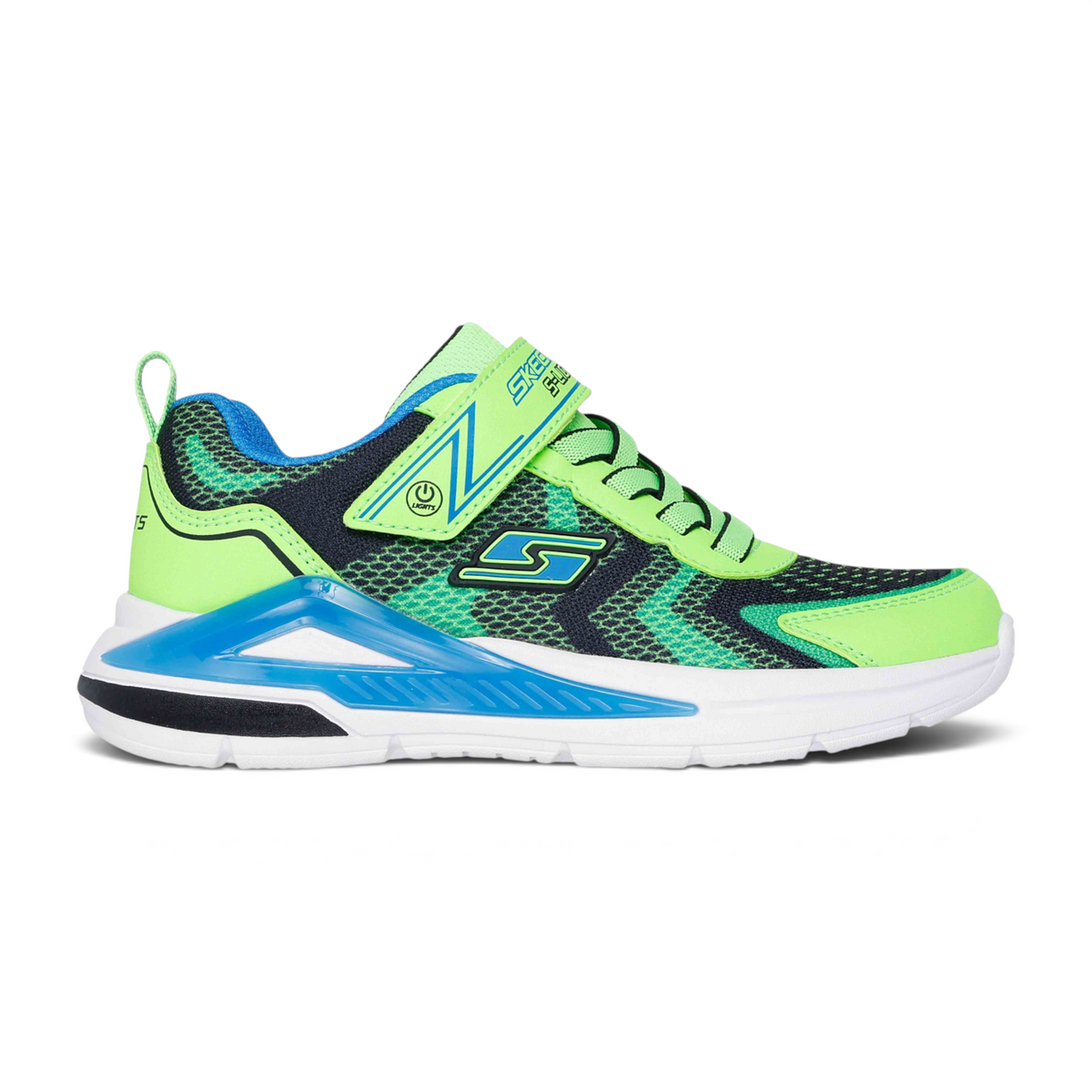 FRG TRI - NAMICS kids athletic sneaker in neon green and navy mesh with blue light-up heel and hook-and-loop strap