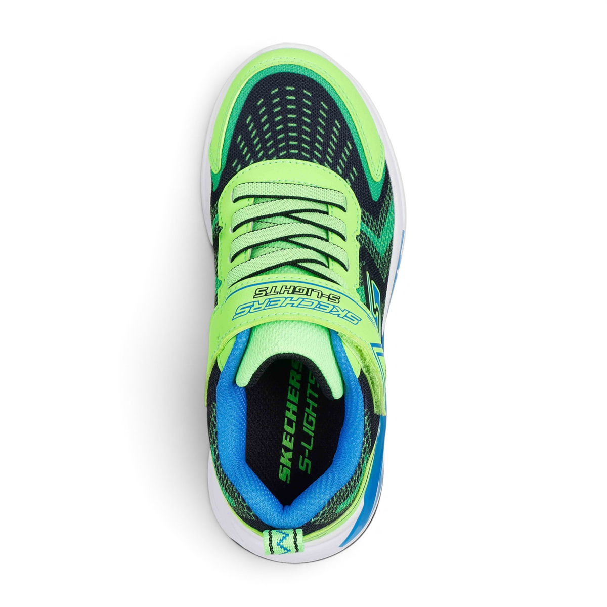 FRG TRI - NAMICS Skechers S-Lights kids sneakers in neon green, black, and blue with a hook-and-loop strap