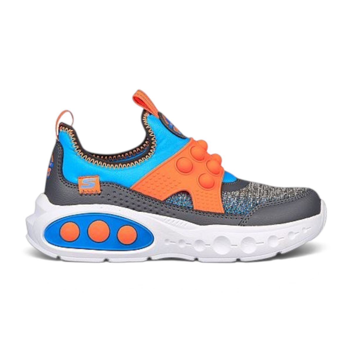 FRG SKECH POPS kids sneakers in blue, orange, and grey with bubble-textured strap and white cushioned sole