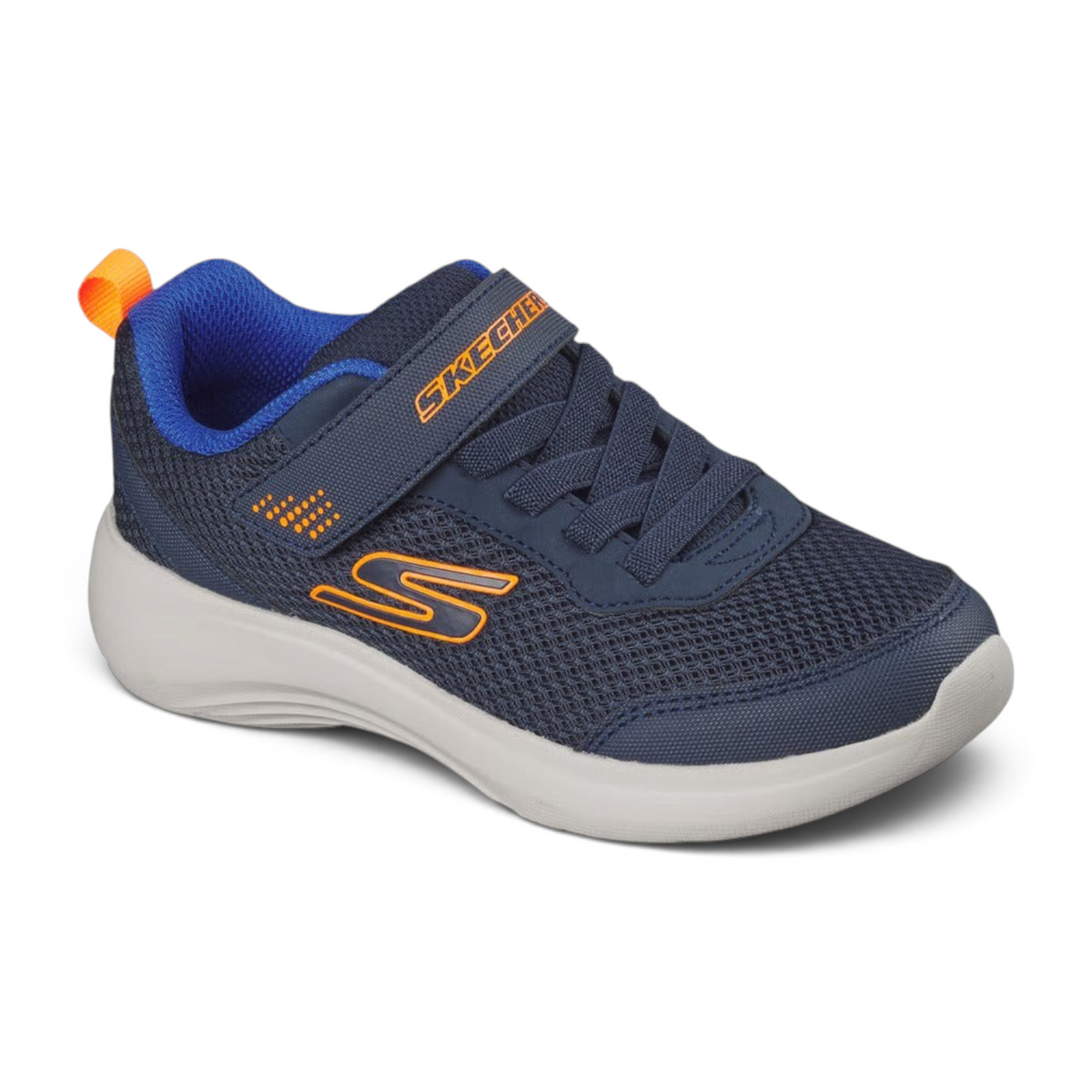 FRG Skechers Selectors Reset Achieved kids sneaker in navy blue mesh with orange accents and hook-and-loop strap.