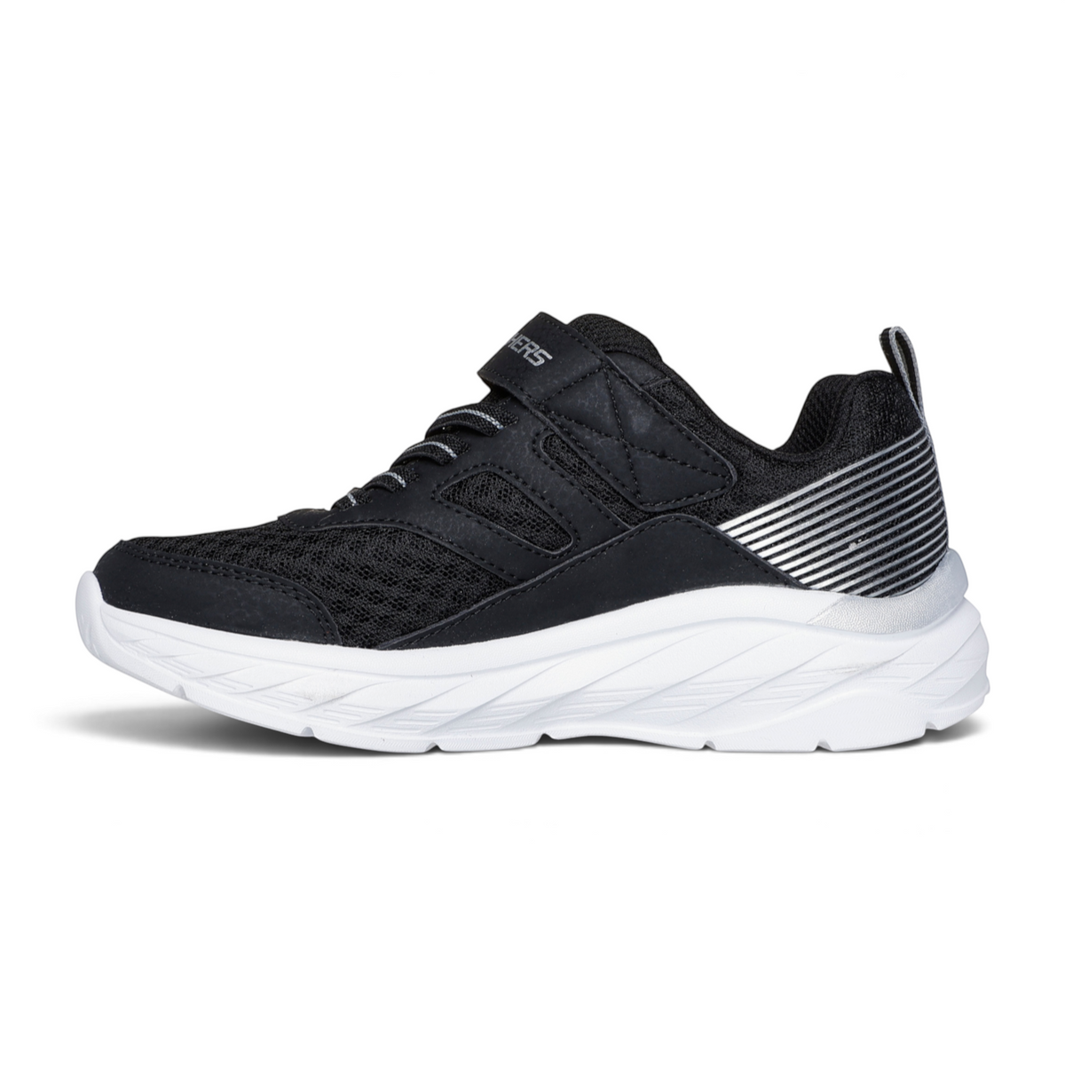 FRG BOUNDLESS black athletic sneakers with mesh upper, white cushioned sole, and silver striped heel detail