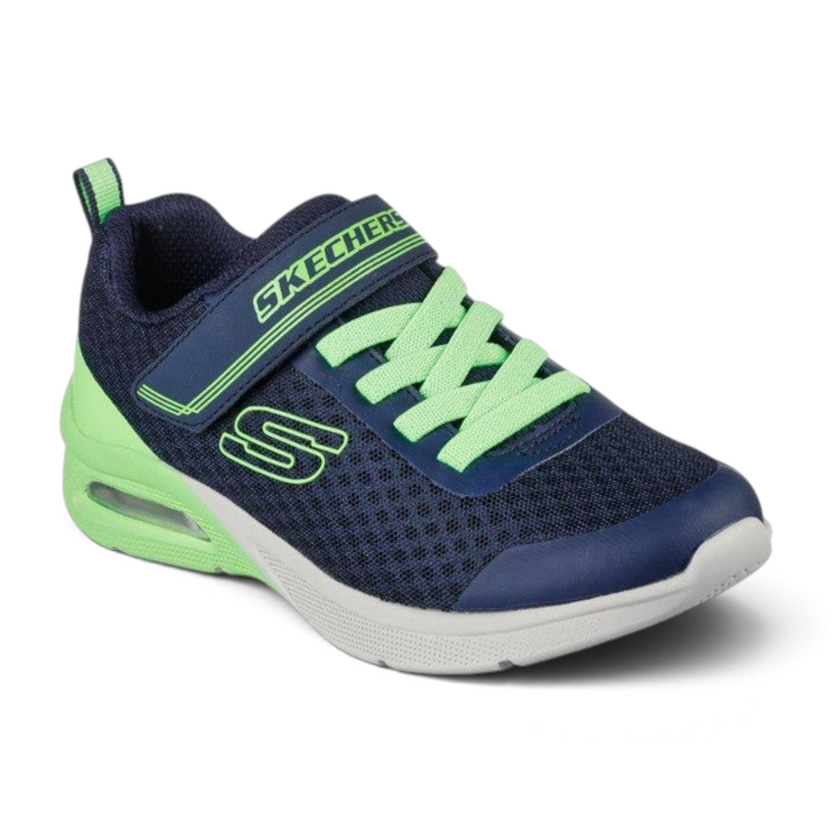 FRG Skechers Microspec Max kids' sneaker in navy mesh with lime green accents, strap closure, and air-cushioned sole.