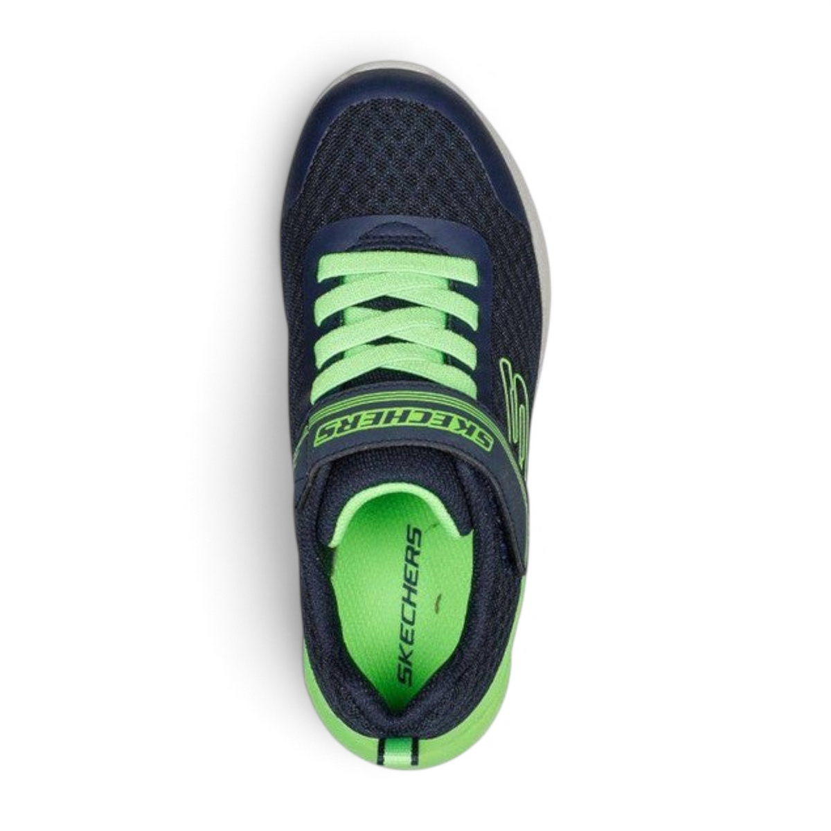 FRG Skechers Microspec Max kids' sneaker in navy and lime with mesh upper, adjustable strap, and cushioned midsole