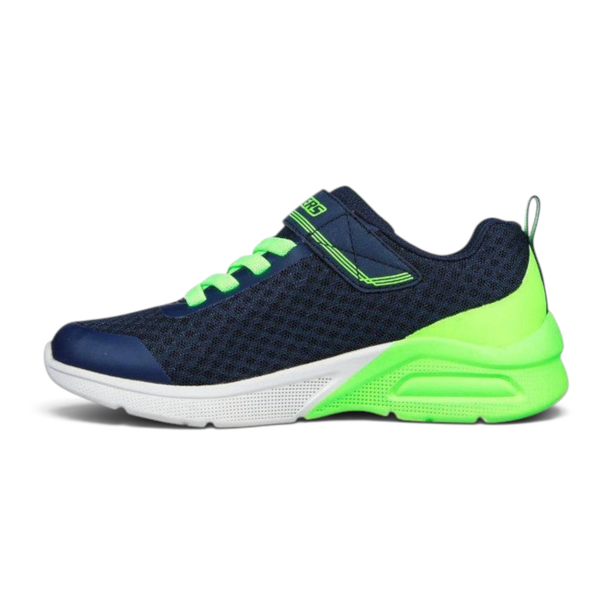 FRG Skechers Microspec Max kids' sneaker in navy mesh with lime green accents, adjustable strap, and cushioned sole.