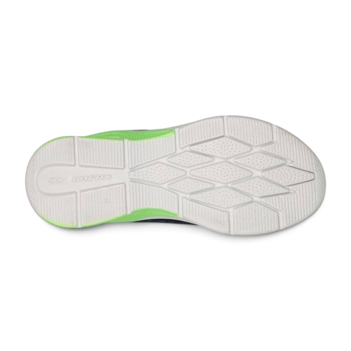 FRG Skechers Microspec Max kids' sneaker showing the white textured rubber outsole with lime green midsole detailing