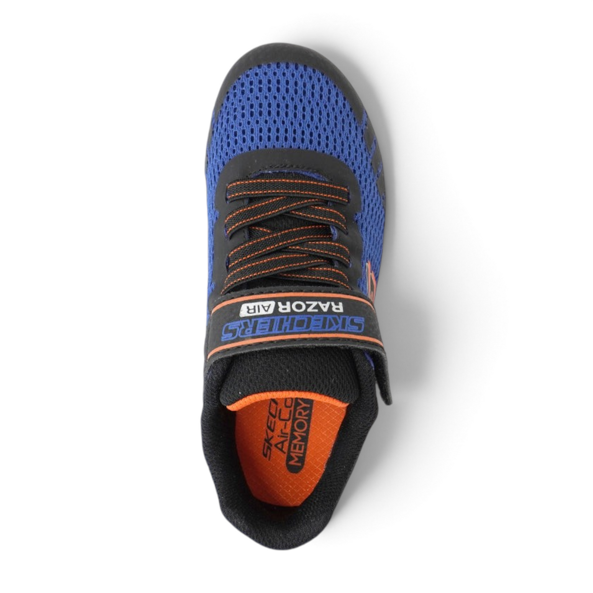 FRG Razor Flex Air blue mesh sneaker with black and orange accents, featuring a strap and durable rubber outsole.