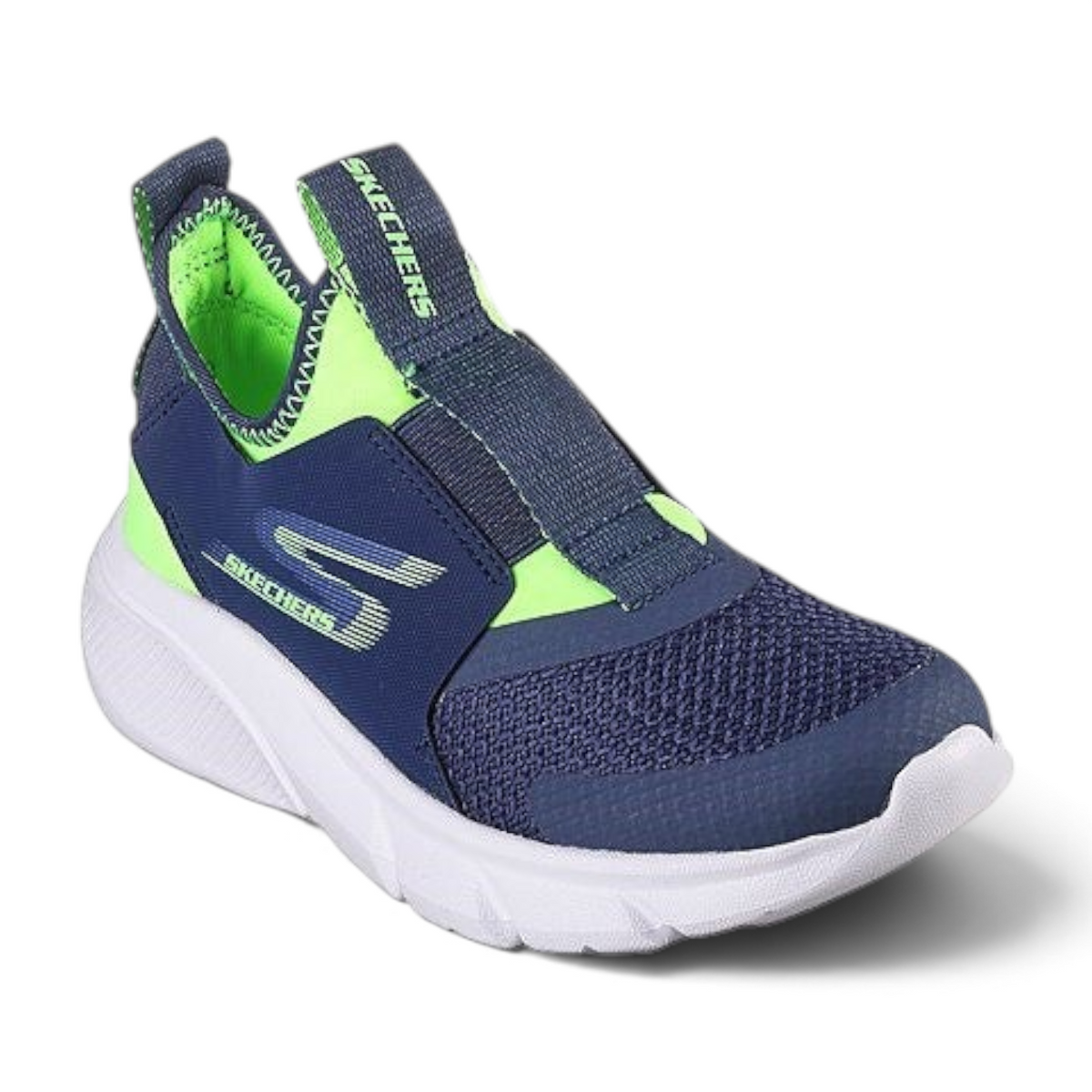 FRG Skechers FASTER - RECZO slip-on athletic shoe in navy blue and neon green with a white cushioned sole