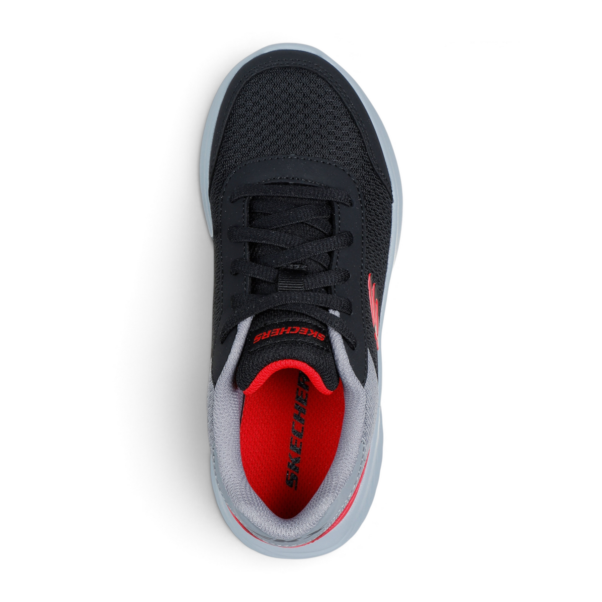FRG BOUNDER black mesh athletic sneaker with red interior lining and grey midsole, top-down view