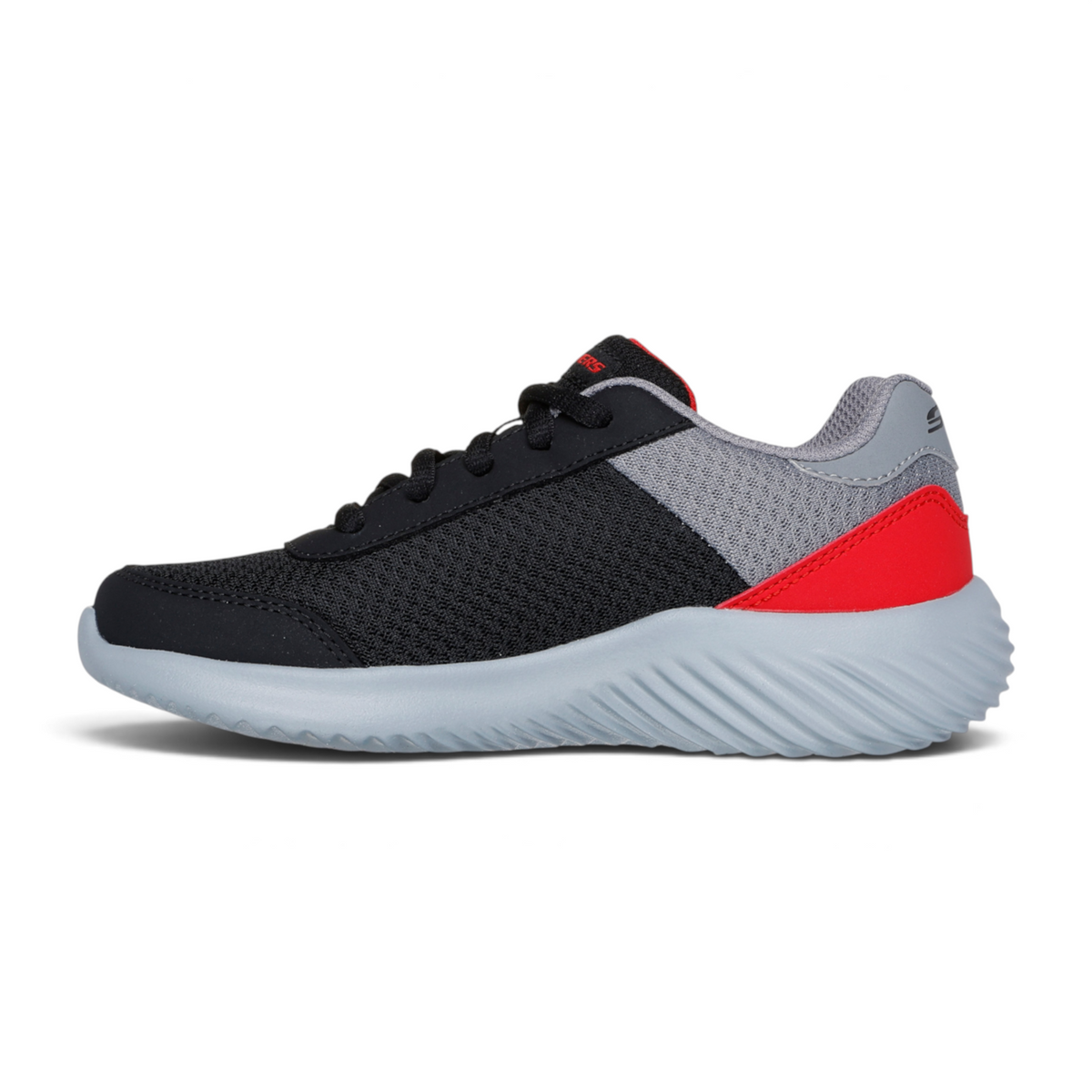 FRG BOUNDER athletic sneaker in black, grey, and red with a breathable mesh upper and a textured grey midsole.