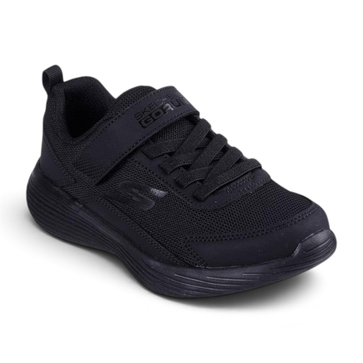FRG Skechers GO RUN 400 V2 Stravo kids sneakers in black with mesh upper, hook-and-loop strap, and cushioned sole.