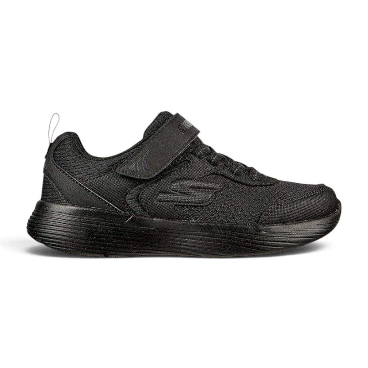 FRG Skechers GO Run 400 V2 kids training shoe in all black with adjustable hook and loop strap and mesh upper