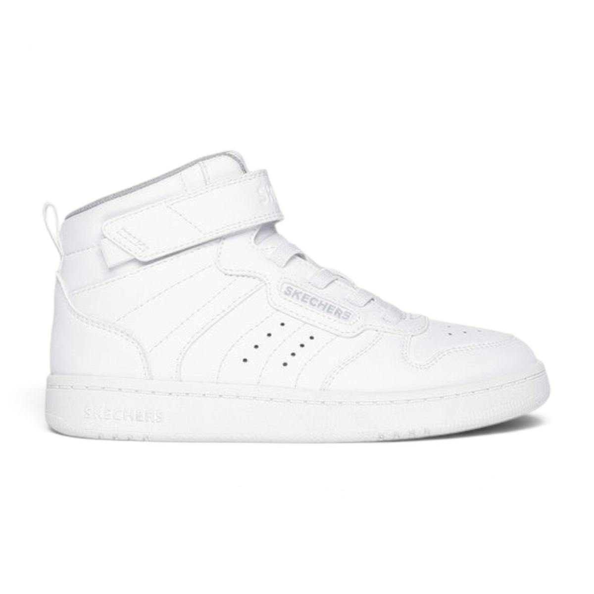 FRG Skechers Quick Street Rapid Avenue kids' white high-top sneaker with hook-and-loop strap and perforated details.