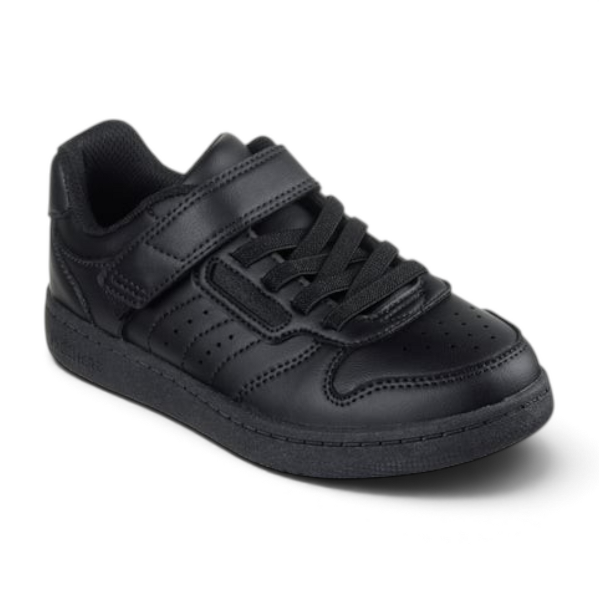 FRG QUICK STREET black sneaker with hook-and-loop strap, elastic laces, and perforated quarter panel detail.