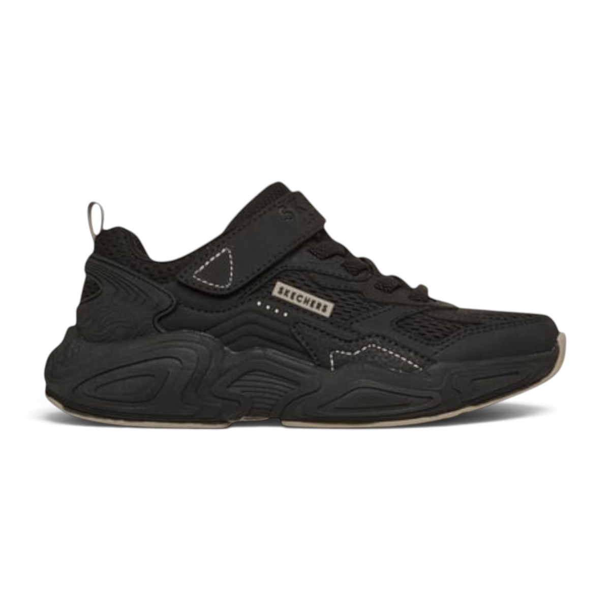 FRG MEGA-QUAKE SEISMOTECH black athletic sneaker with mesh upper, hook-and-loop strap, and chunky textured sole