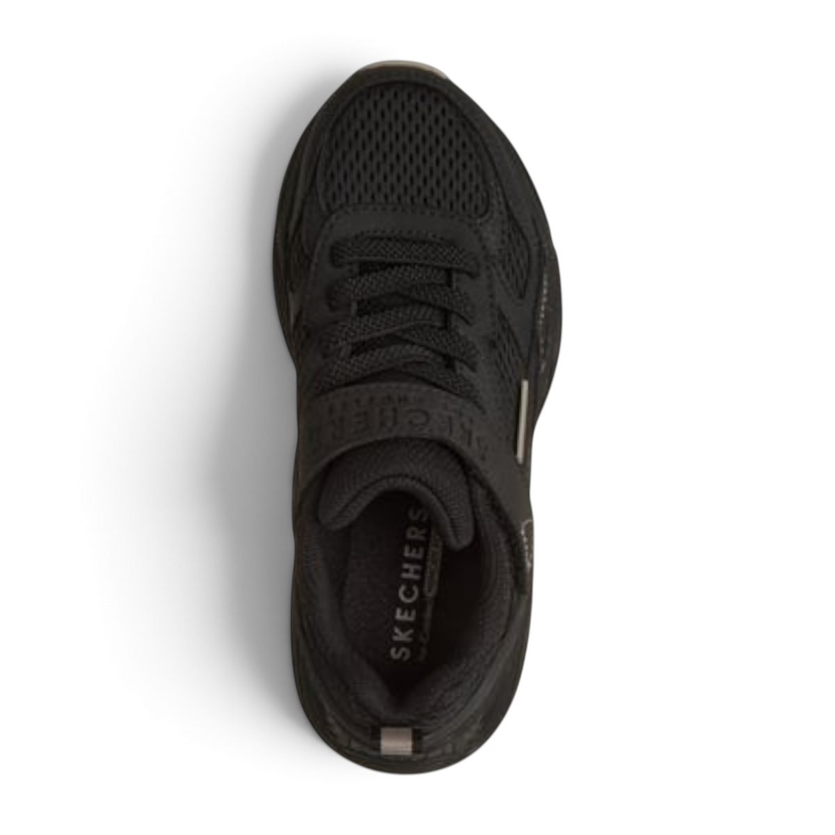 FRG MEGA-QUAKE SEISMOTECH black athletic sneaker with mesh upper and lace-up closure, top-down view