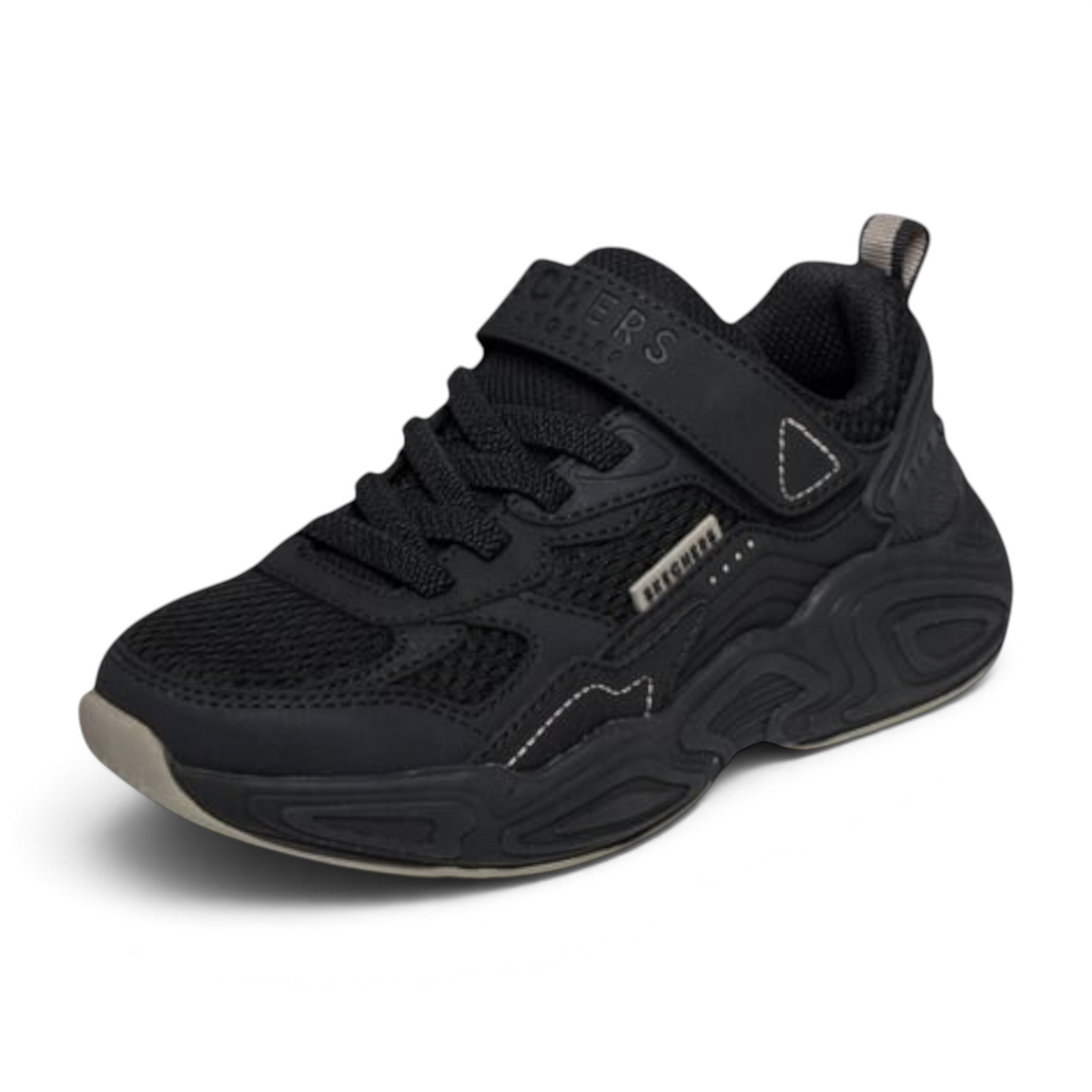 FRG MEGA-QUAKE SEISMOTECH black athletic sneaker with mesh upper, hook-and-loop strap, and chunky rubber sole