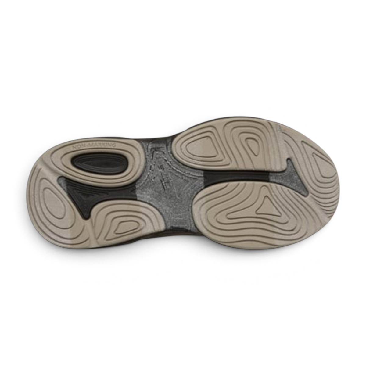FRG MEGA-QUAKE SEISMOTECH sneaker outsole featuring a non-marking beige and black rubber tread pattern