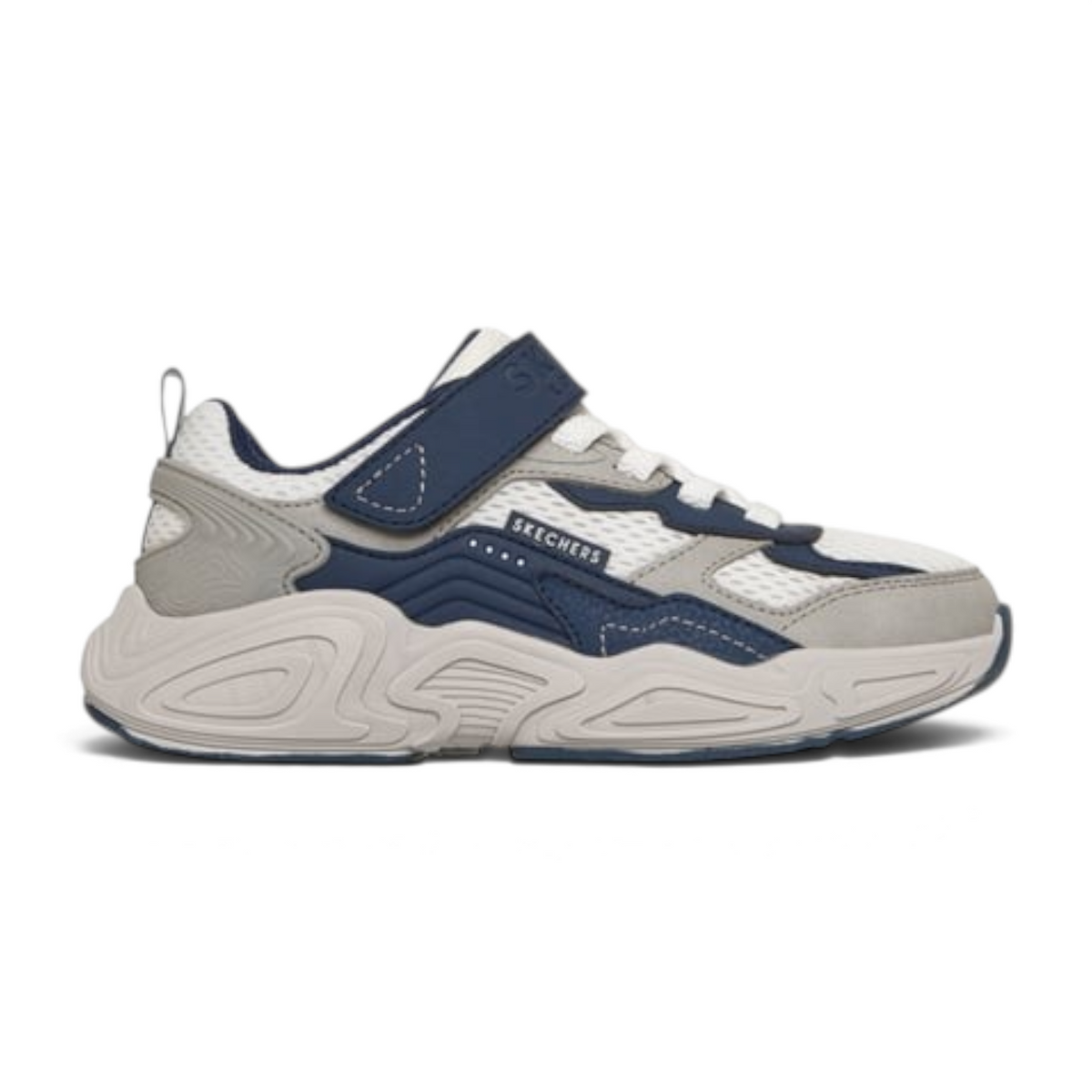 FRG MEGA-QUAKE SEISMOTECH athletic sneaker in navy and white with mesh panels and a thick sculpted beige sole