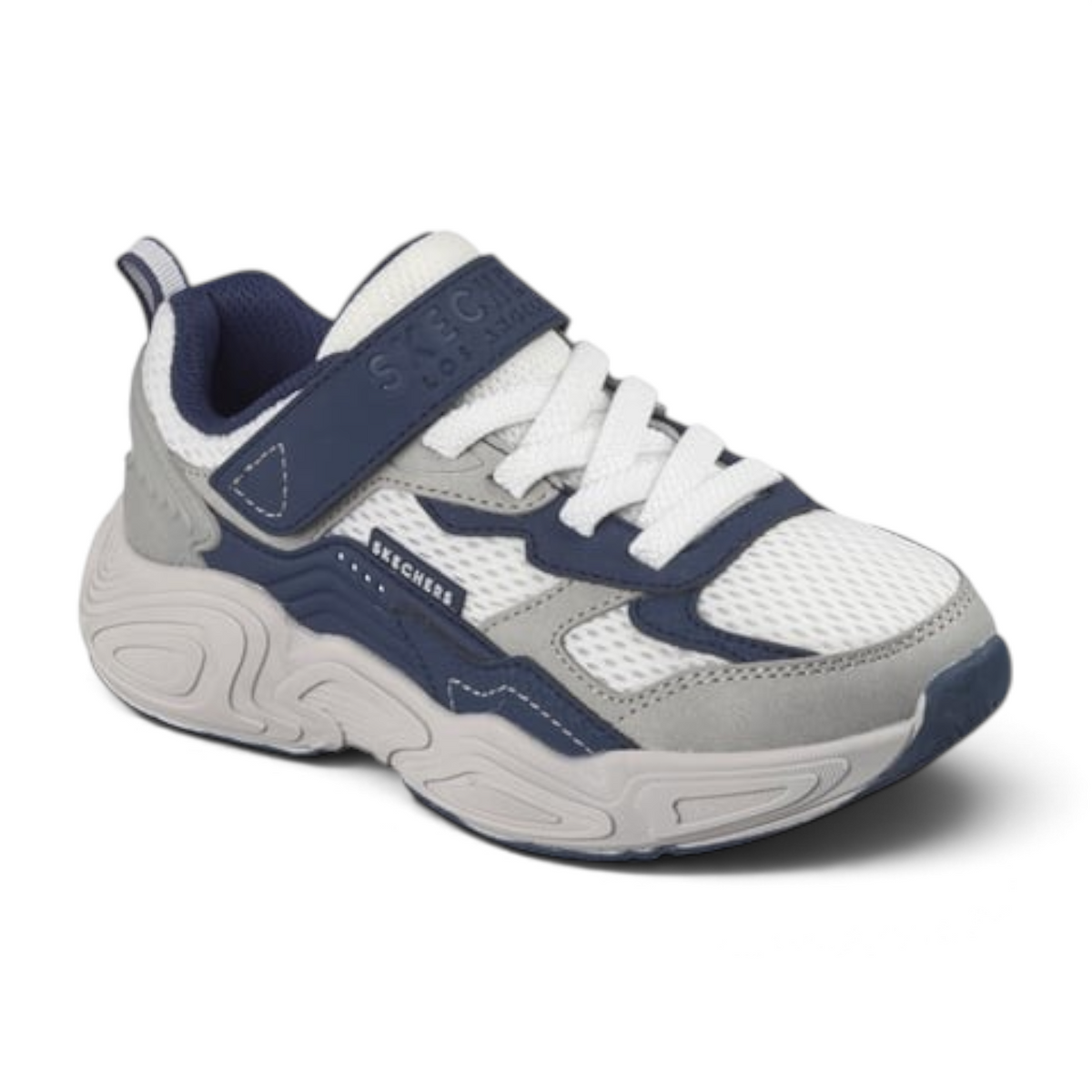 FRG MEGA-QUAKE SEISMOTECH kids sneaker in white, grey, and navy blue with mesh panels and a hook-and-loop strap.