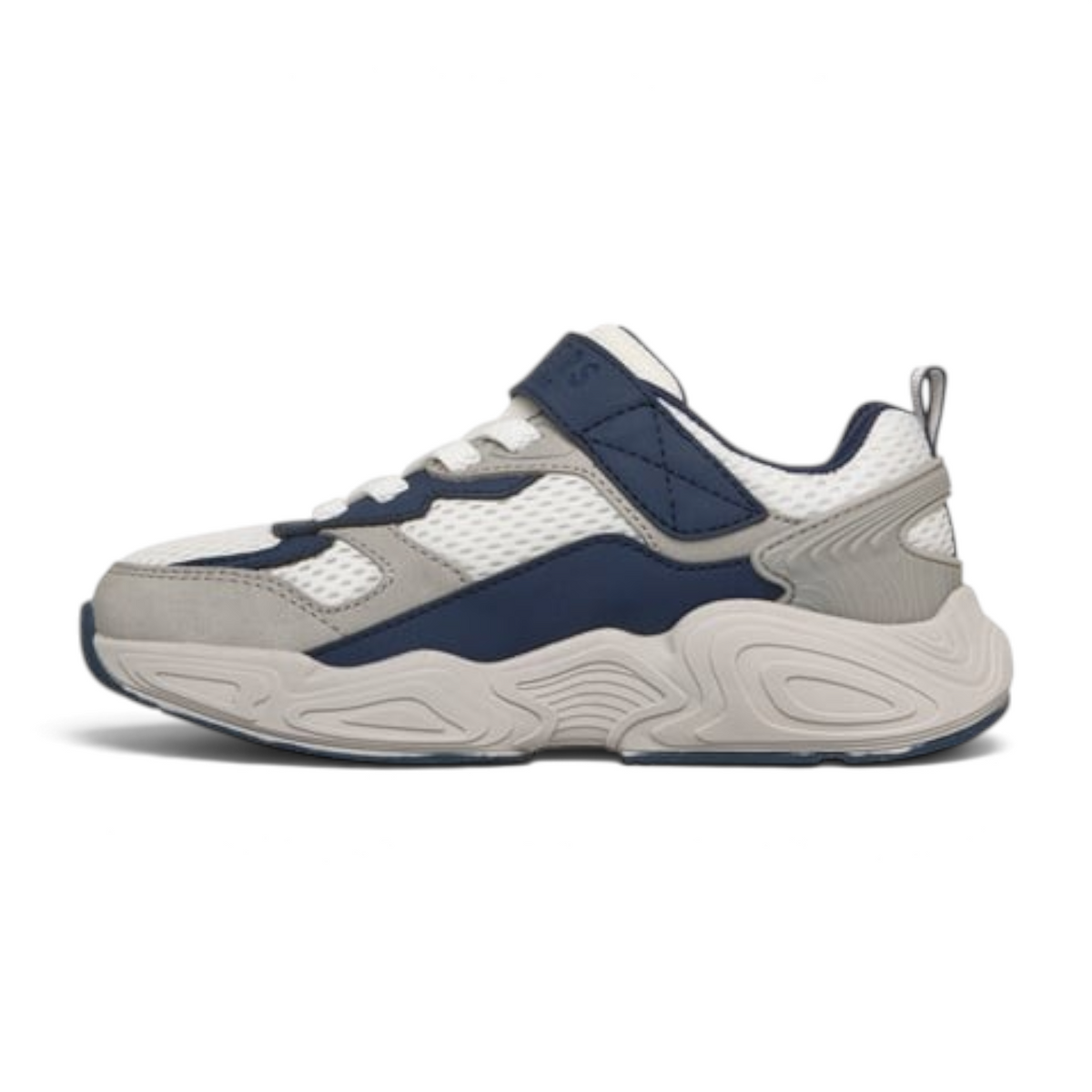 FRG MEGA-QUAKE SEISMOTECH sneakers in white and navy blue with mesh panels, suede overlays, and a chunky sole.