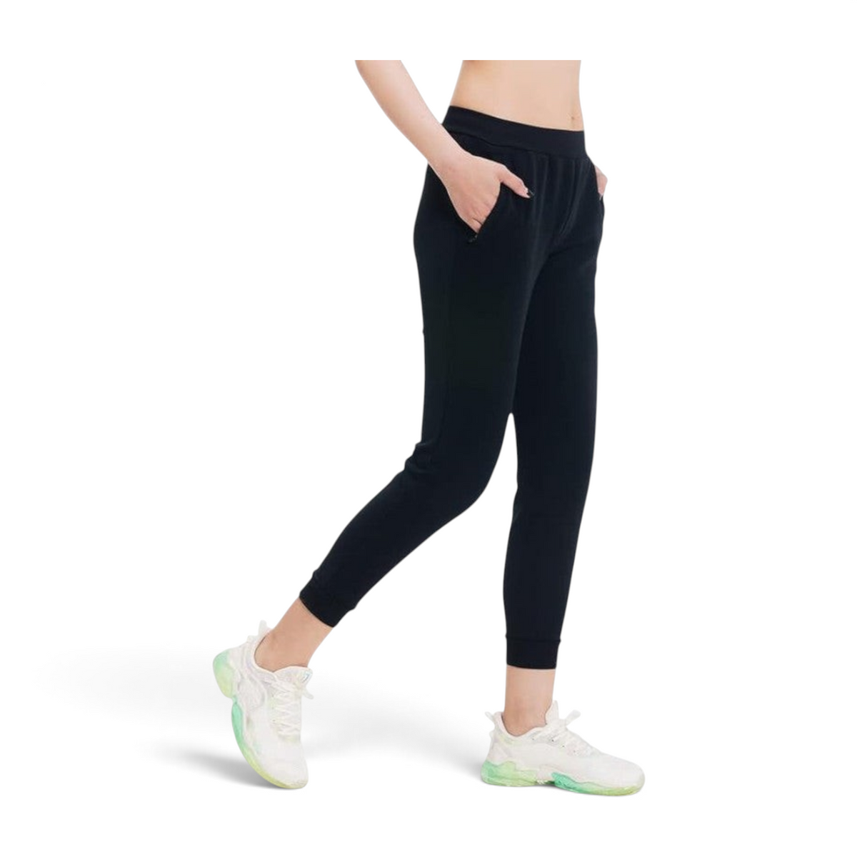 FRG ANTA black knit ankle training pants with four-way stretch and side pockets on a model
